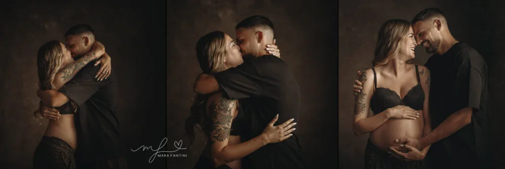 Fotografa di gravidanza a Roma - coppia in attesa, tre momenti di complicità in studio - Mara Fantini